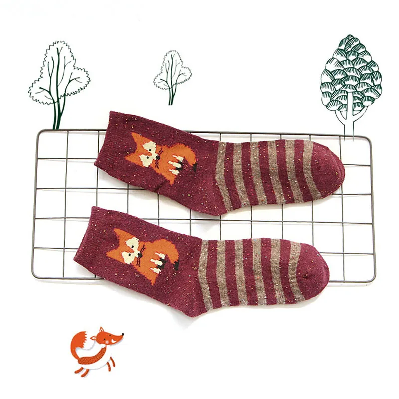 Модные женские носки из смешанной шерсти с рисунками животных, лисы, волка, теплые милые повседневные носки-Y107 - Цвет: Red Striped