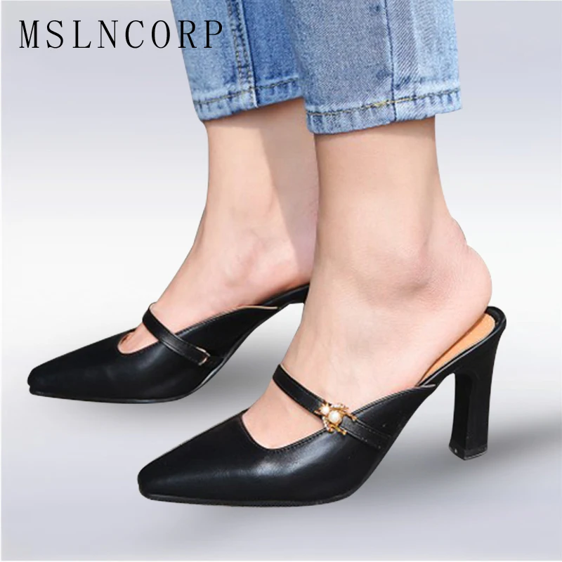 

Size 34-43 New High Heels Women Slipper Pointed Toe Buckle Footwear Summer Fashion Brand Ladies Mules Shoes Style Outside Slides