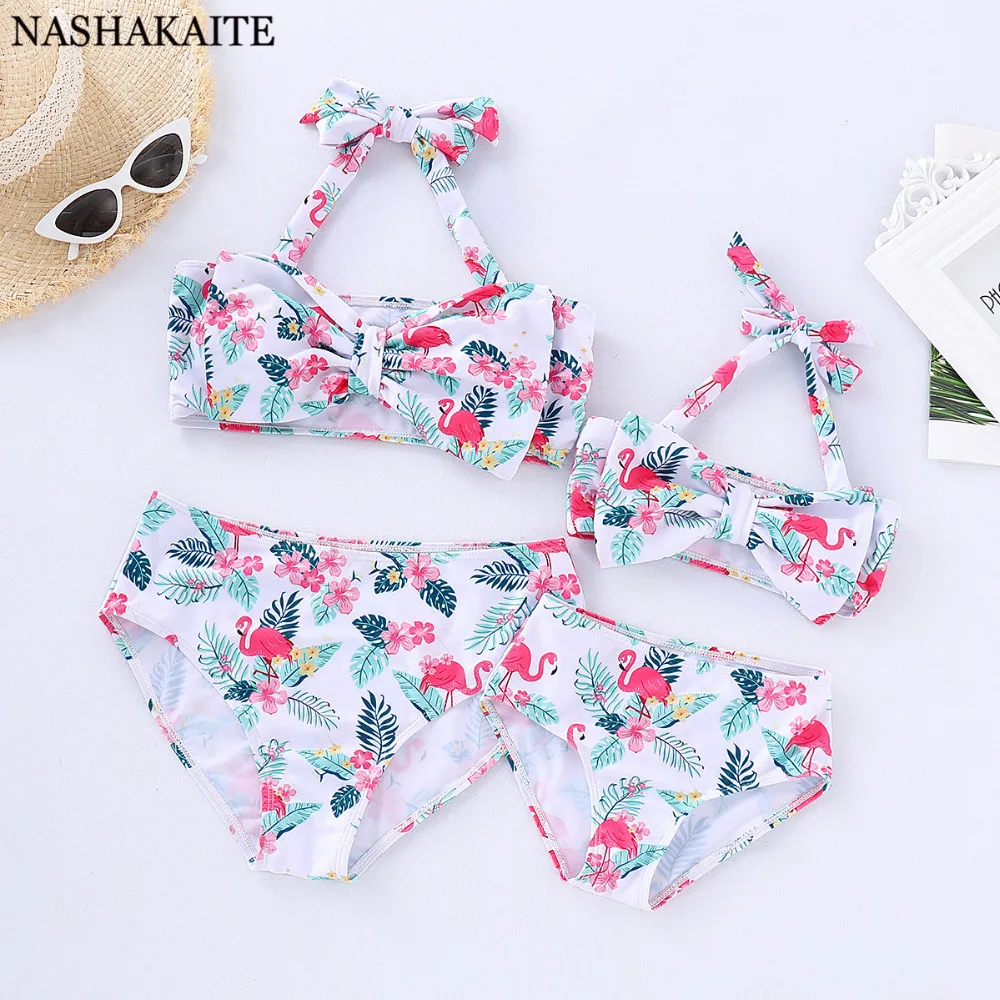 

NASHAKAITE Swimsuit Mom and Daughter Summer Cute Print Bowknot Bikini Set Family Look Swimwear Mommy and me Clothes Bathing Suit