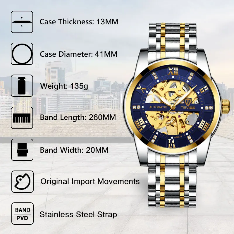 TEVISE Top Luxury Brand Mens Automatic Watches Men Stainless steel Skeleton Mechanical Wristwatch Relogio Masculino