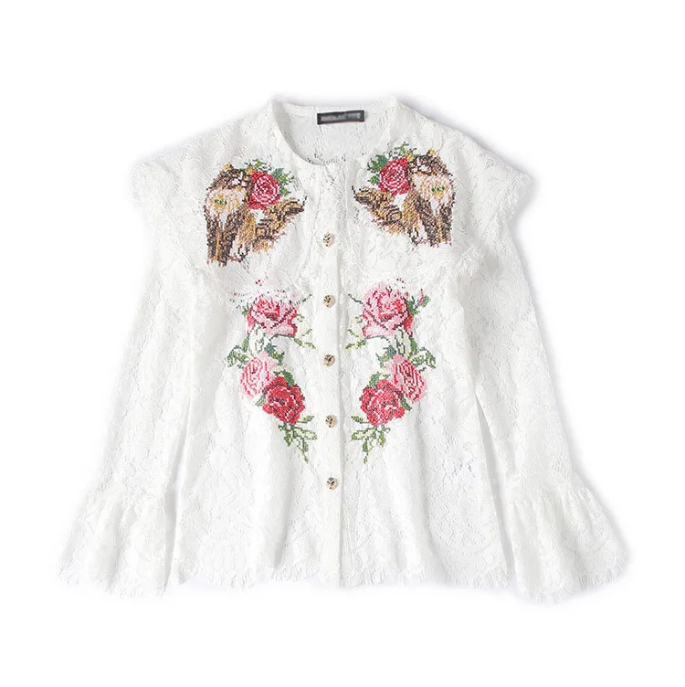 Ruffle Cuff Flower Embroidery White Lace Shirt Blouse Women (1)