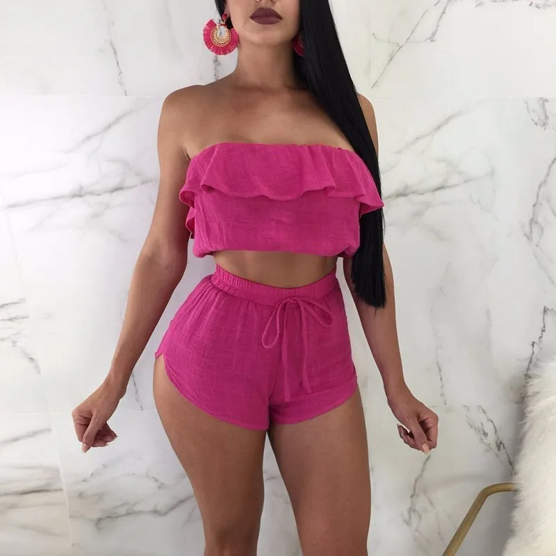 Новые летние хлопковые оборками Женский комплект 2 шт. без рукавов Sexy костюм из
