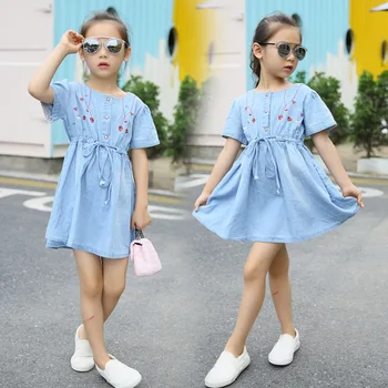 

2019 Summer Girls Embroidered Dress Kids Denim Dresses Children Clothing 5-10 Years 3-8 Years