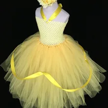 Желтое платье принцессы для маленьких девочек; платье с цветочным рисунком для малышей; детское платье из тюля; бальное платье с повязкой на голову; детское праздничное платье-пачка