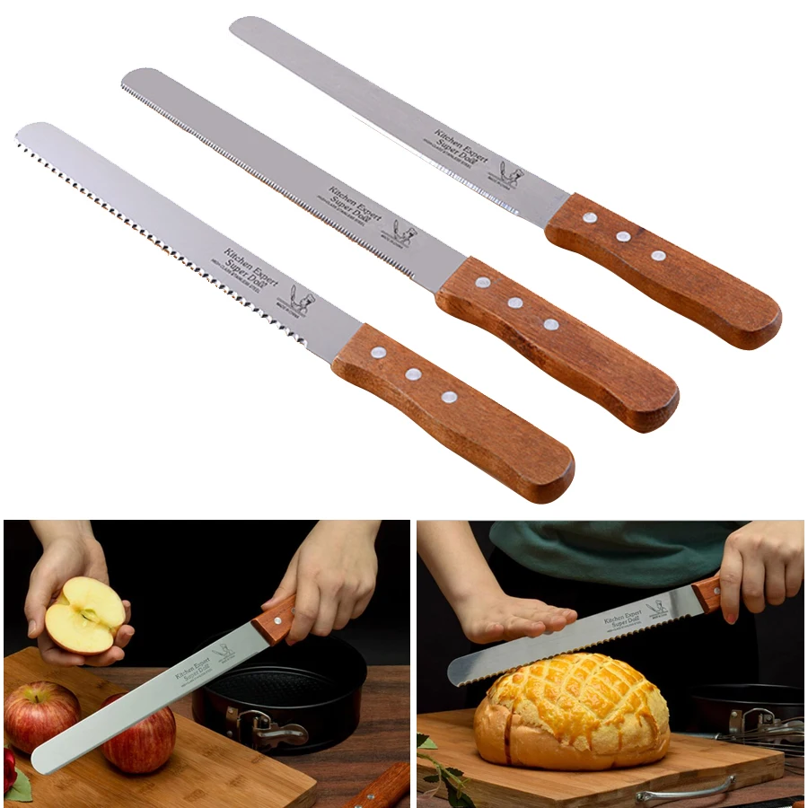 

8 INCH 10 INCH 12 INCH Wooden Handle Cake Knife Stainless Steel Knife Cutting Bread Tools Toast Slicing Knives Cake Pastry Tools