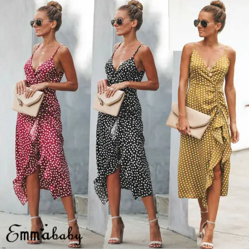 

2019 New Hot Summer Fashion Latest Womens Boho Dress Polka Dot Sleeveless v-neck Party Cocktail Ladies Clubwear Sundress