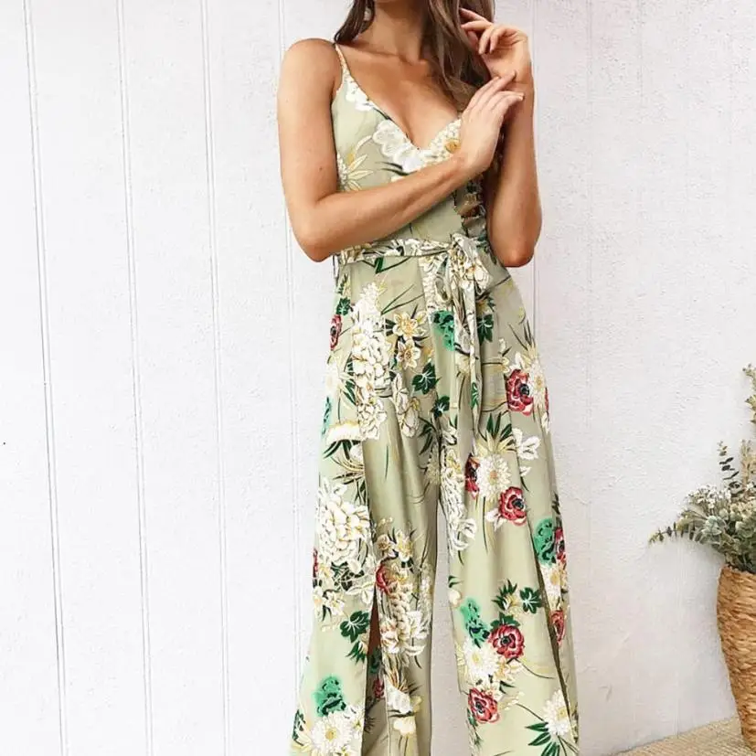 

2018 rompers womens jumpsuit Strappy Floral Slit Long Trouser Playsuits Holiday summer romper bodysuit C30814