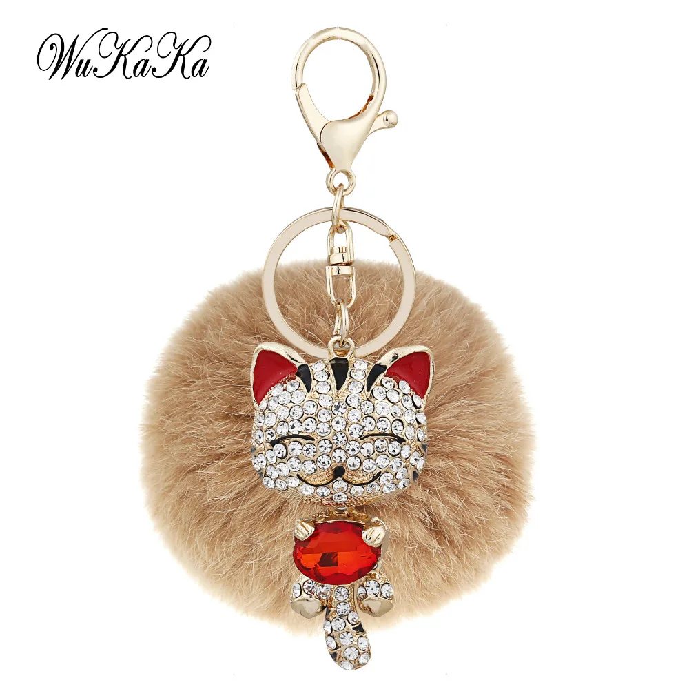 

Crystal Fluffy Bunny Cat Pompom Keychain Girl women accessories Youth Girl Purse Handbag Charm 100% Real Rabbit Furry