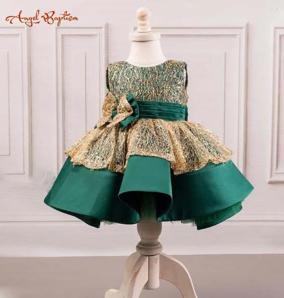 В году, Новое поступление. Изумрудно-зеленое и Золотое кружевное вечернее платье для выпускного вечера для девочки маленькая принцесса ребенок первый день рождения платье с большим бантом