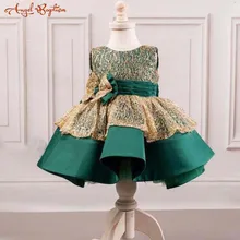 В году, Новое поступление. Изумрудно-зеленое и Золотое кружевное вечернее платье для выпускного вечера для девочки маленькая принцесса ребенок первый день рождения платье с большим бантом