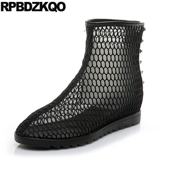 

2018 white wedge sandals rivet fashion mesh shoes round toe cutout women ankle boots medium heel short booties stud cut out
