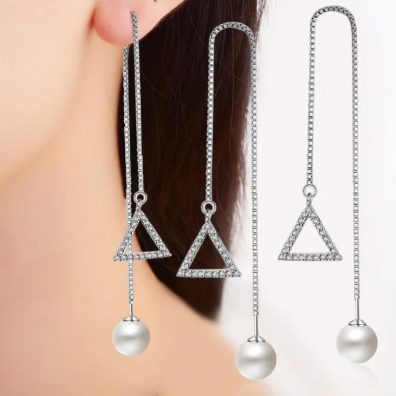 

New Geometric Fashion 925 Sterling Silver Jewelry Personality Triangle Female Long Pearl Crystal Gift Dangle Earrings SE379