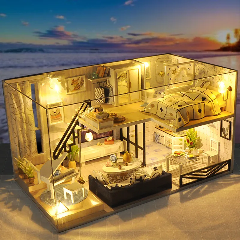 DIY Light Dollhouse Time Shadow Miniature Doll House Kit Wood Baby Doll