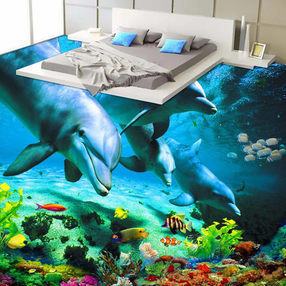 Пользовательские 3D Пол Стикеры Ocean World Дельфин Туалеты Ванная комната Спальня виниловый пол росписи ПВХ Водонепроницаемый обои картины Современные