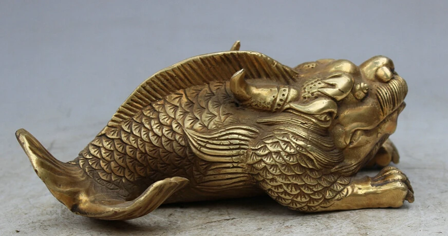 

song voge gem S3271 8" China Chinese Brass Copper FengShui Myth Dragon Fish Beast Statue Sculpture