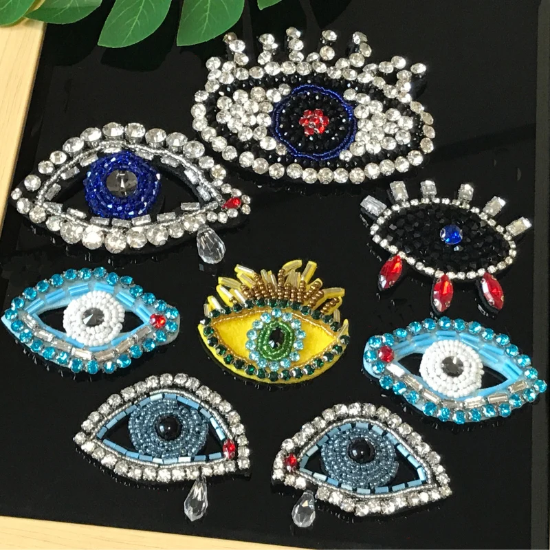 

3D Handmade Rhinestone beaded Patches Eyes Sew on sequin Crystal patch for clothing beading Applique cute patch RP65