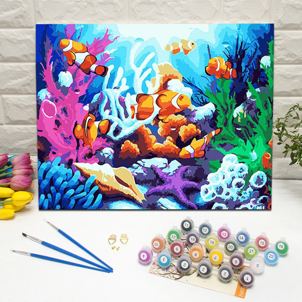

Framed Oil Painting by Number Colorful Sea World Hand Painted Canvas Wall Art For Living Room Decoration Wall Art 40x50cm