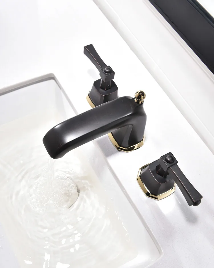 Золотое вакуумное напыление черный 8 дюймов 3 Широкий с отверстиями Умывальник для ванной комнаты кран смеситель на бортике роскошный кран квадратный