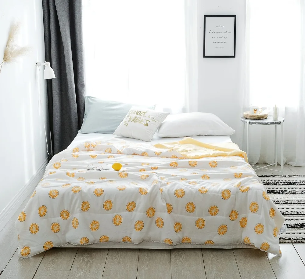 

Cartoon Europe Summer Quilt Bedspread Blanket white yellow Comforter soft lemon Bed Cover Twin full Queen Quilting fruit bedding