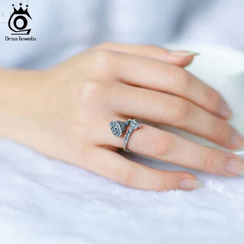 ORSA JEWELS Genuine 925 Sterling Silver Rings For Women Charm Lotus Flower Open Ring Adjustable Creative Anniversary Gift PSR49