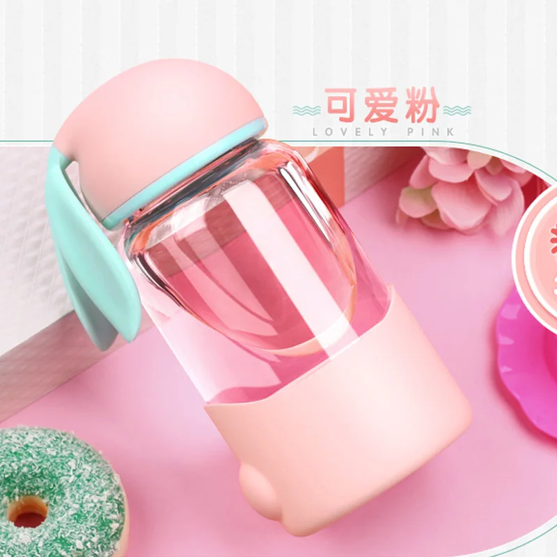 Новинка, стеклянная бутылка с милыми кроличьими ушками, детская чашка для молока, бутылка для питьевой воды, герметичный стакан, удобная посуда для напитков в форме героев мультфильмов - Цвет: pink