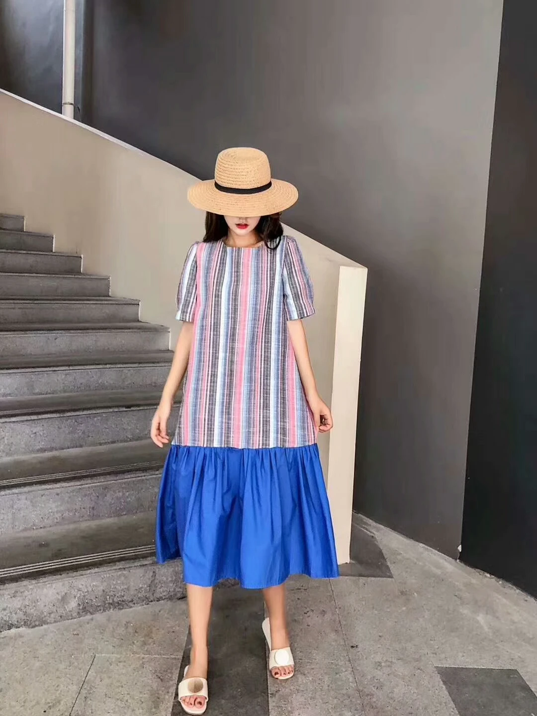 RUGOD Women patchwork striped dress o neck ruffles loose long dress new fashion female elegant chic mujer ladies korean robe