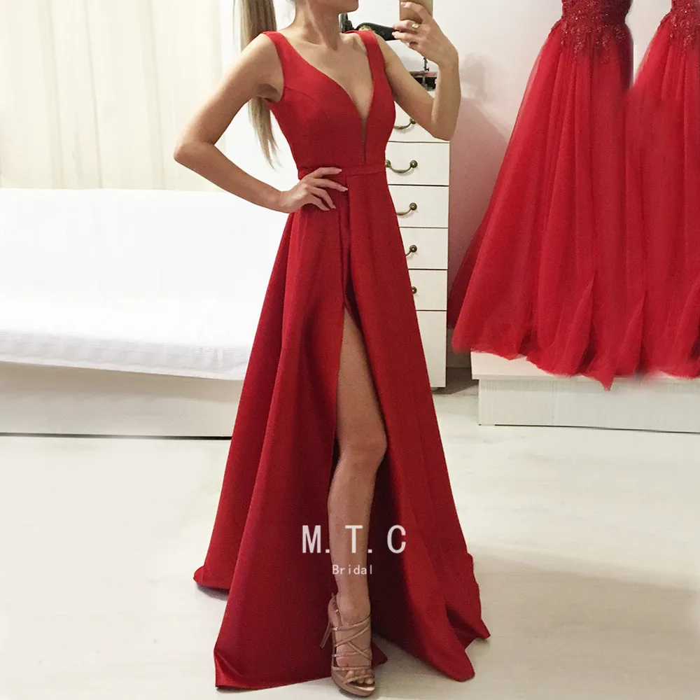 

Graceful Red Formal Evening Dress Side Slit A Line V Neck Floor Length High Quality Women Party Dress 2019 New Vestido De Festa