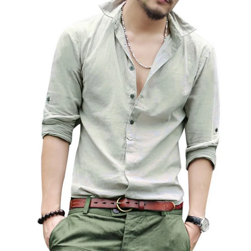 

ADISPUTENT 2019 New Men's Casual Linen Cotton Turn-down Collar Soild Breathable Fashion Street Style Male Long Sleeve Shirts