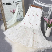 QoerliN юбка-годе женская модная летняя сексуальная сетчатая юбка вышивка Флористический с высокой талией Женская одежда черные юбки Новинка