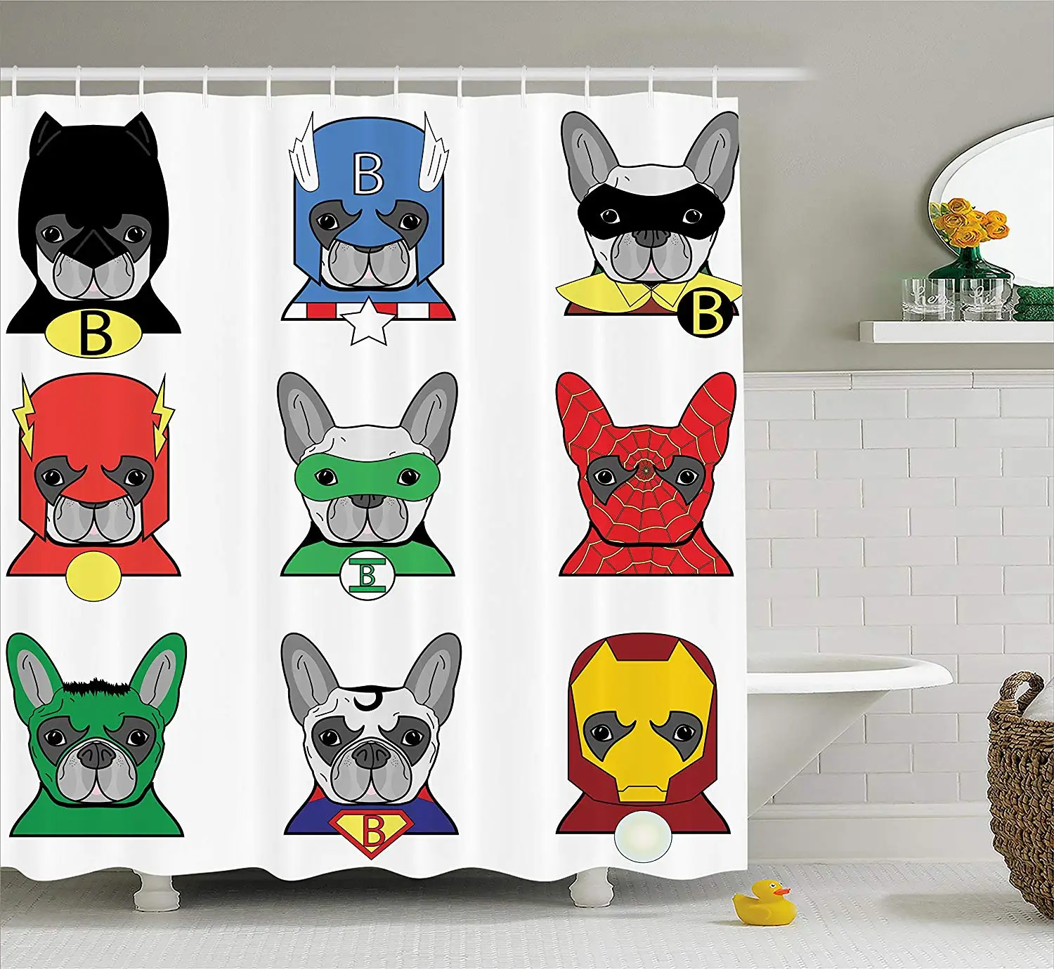 

Superhero Shower Curtain Set Bulldog Superheroes Fun Cartoon Puppies in Disguise Costume Dogs Masks Artprint Bathroom