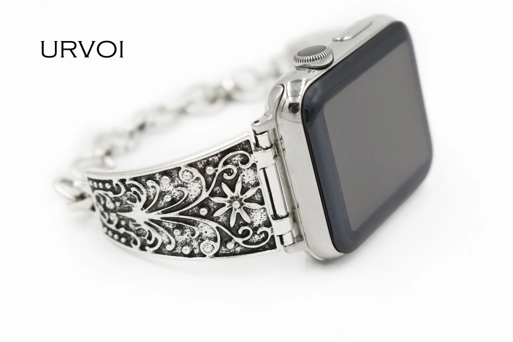 

URVOI retro link bracelet for apple watch 4 3 2 1 band wrist stainless steel strap for iWatch vintage metal carved women fashion