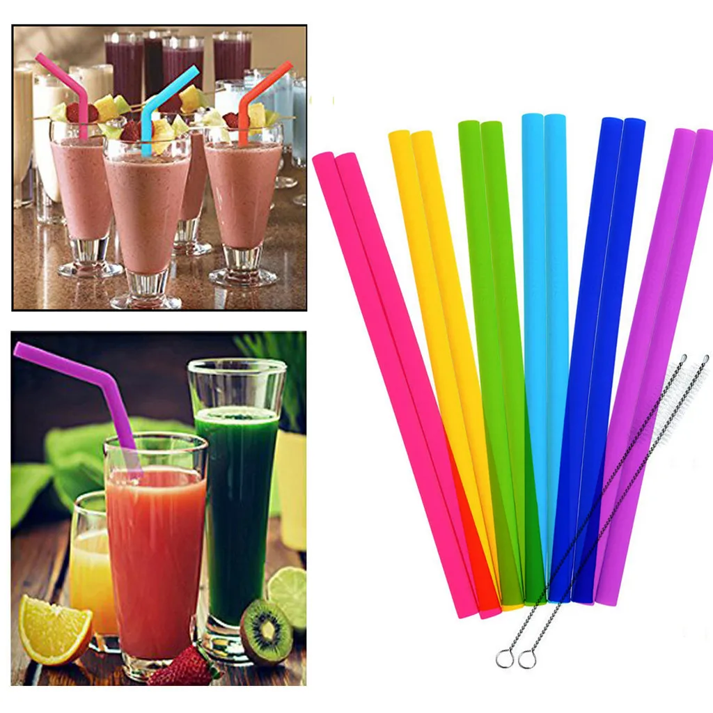 12PCS Silicone Reusable Smoothie Straws with Cleaning Brushes Extra