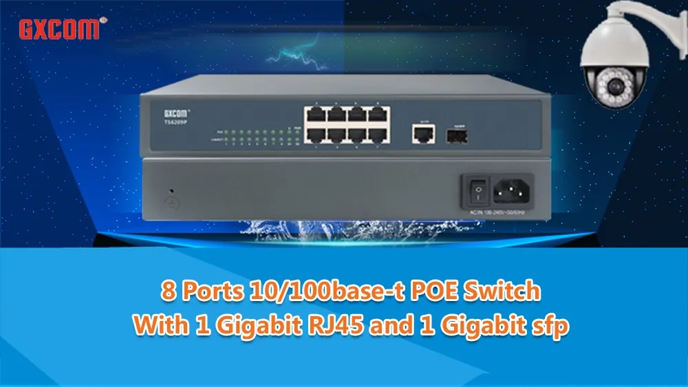 8 портов 10/100base-t коммутатор POE с 1 гигабитным RJ45 и 1 гигабитным sfp