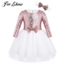 Новое поступление для детей, для девочек, с фатиновой юбкой расшитый блестками с длинными рукавом для девочек в цветочек платье принцессы для конкурса красоты свадебное вечернее платье на день рождения с повязкой на голову; 12 M-8