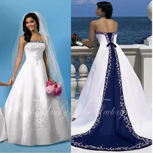 A Line Vintage White And Blue Wedding Dress Strapless Custom Made Stain Embroidery Court Train Arabian Bride Bridal Gowns