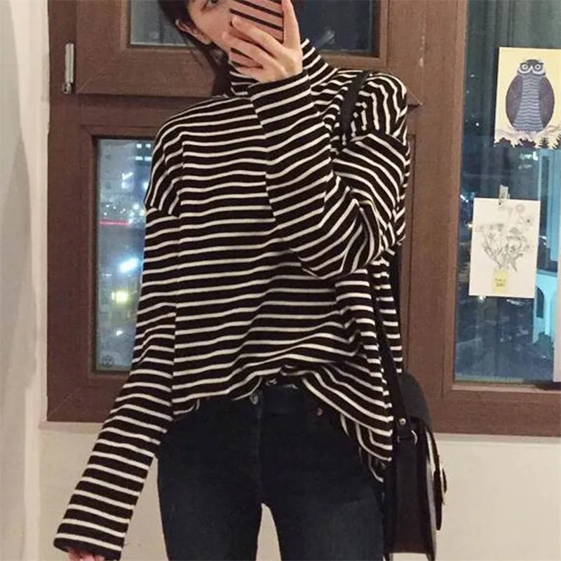 

2019 new arrivals summer harajuku t shirt women funny striped turtleneck tops long sleeve cotton funny tshirt femme humoristique