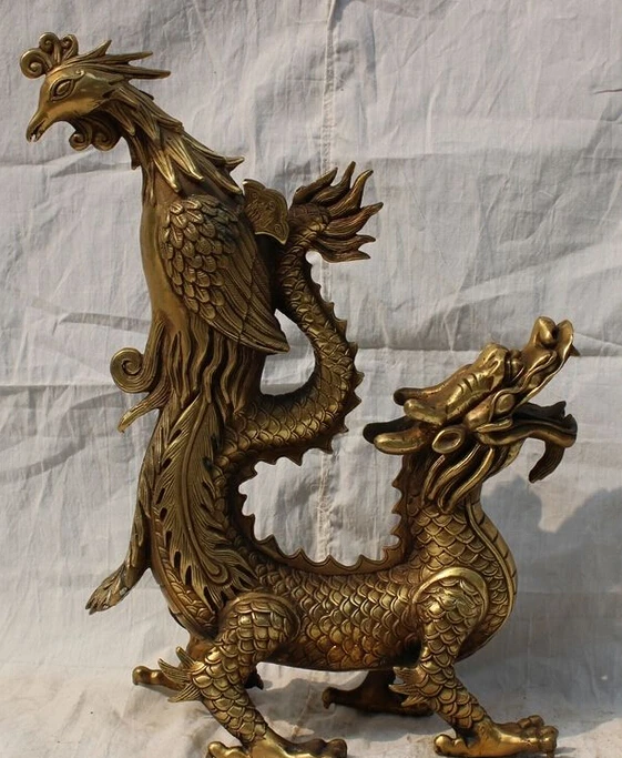 

15" Folk Chinese Brass Auspicious FengShui Wealth Myth Dragon Phoenix Statue