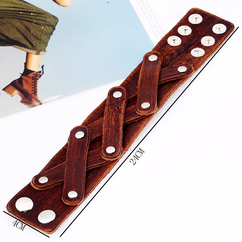 Модный винтажный кожаный Браслет-манжета 24 см плетеные браслеты классический мужской браслет из натуральной кожи вечерние аксессуары
