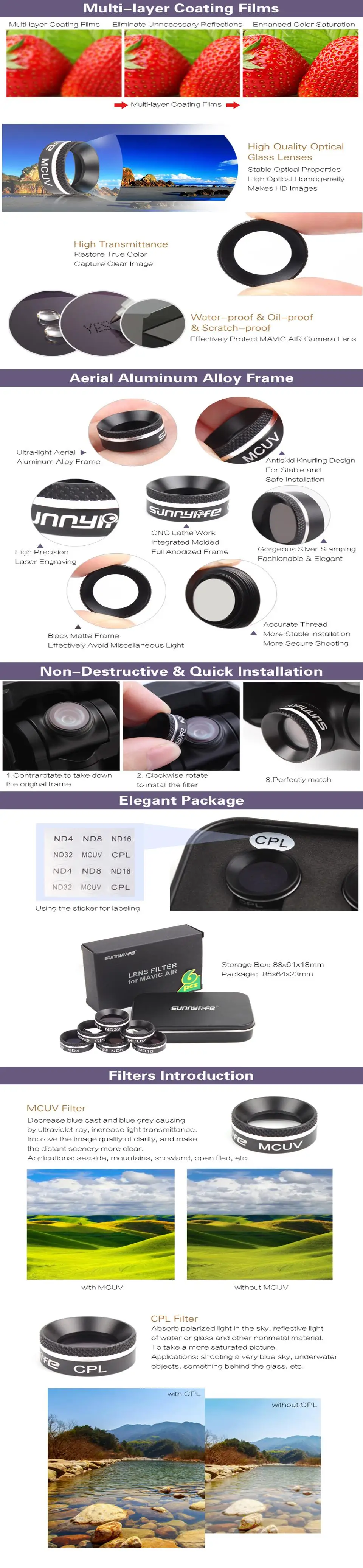 Воздушный фильтр 3in 1 mavic ND4+ ND8+ ND16/MCUV+ CPL+ ND8 Набор фильтров для объектива камеры Комплект для DJI MAVIC air