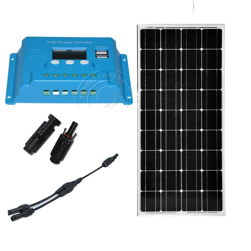 

panneau solaire 12v 100w monocrystalline solar panel kit MC4 connector 2 in 1 solar charge controller 10a 12v/24v off grid