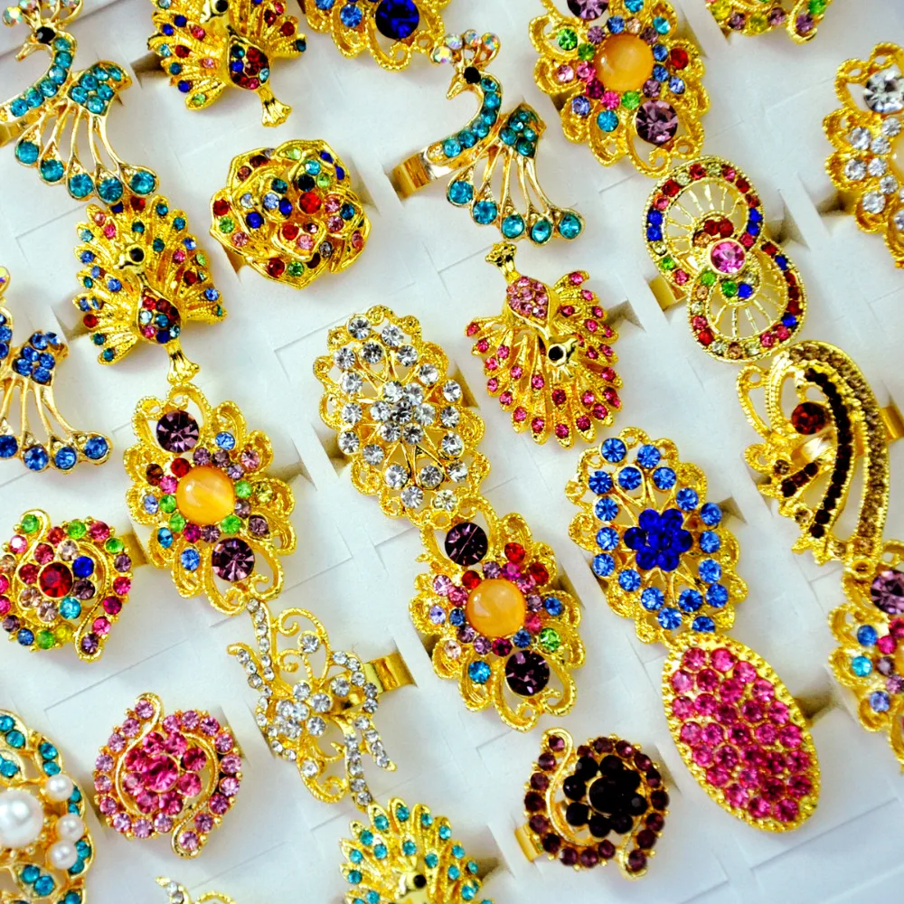 

10Pcs Fashion Multicolor Rhinestone Vintage Gold Womens Rings Women Jewelry Whole Bulk Lots Dropping Shipping LR4080