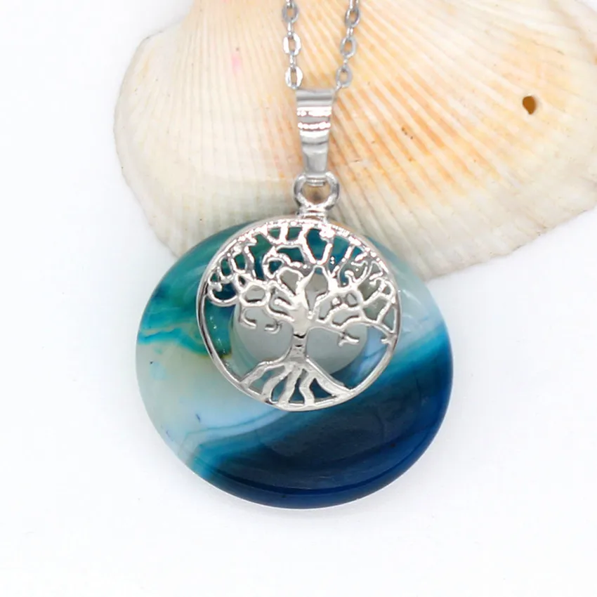 

Kraft-beads Silver Plated Tree Round Hollow Blue Agates Pendant Link Chain Necklace Vintage Jewelry