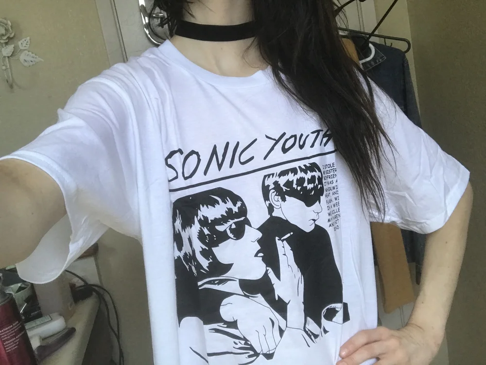 

Fashionshow-JF Sonic Youth Album Cover Unisex Vintage Rock T-Shirt Women Grunge Fashion White Tee Fashion Summer Tops
