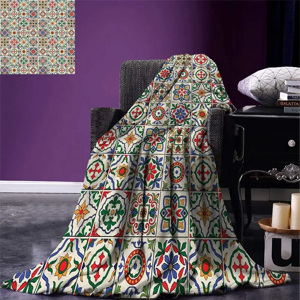 

Moroccan Throw Colorful Azulejo Pattern Portuguese Ornamental Abstract Floral Arrangements Leaves Warm Microfiber Blanket