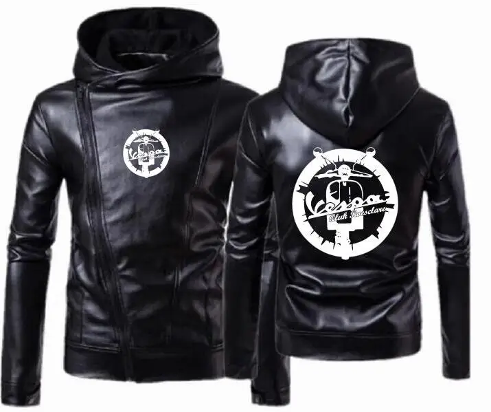 

Vespa vintage motorcycle leather hooded jacket punk England diagonal hooded leather locomotive motorcycle bicycle leather jacket
