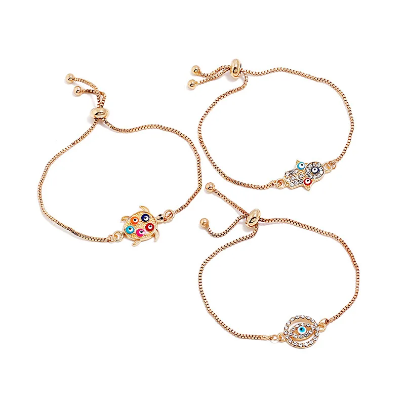 

2018 boho Sea turtle Starfish Tree Elephant Hamsa hand Evil Eye Bracelet woman Jewelry Turkey Fatima Hand Gold Color Chain