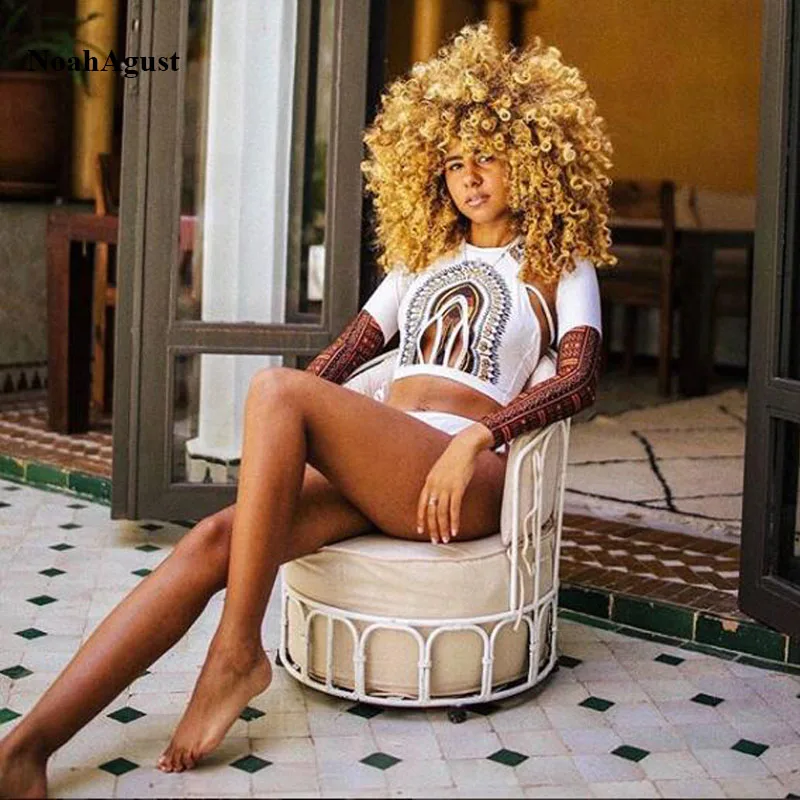 

African Sexy Long Sleeve Swimwear Women High Waisted Bikini Set Brazilian High Cut Thong Swimsuit Zipper Ethinic Swim Suit