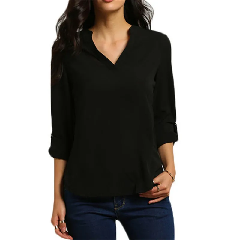 Осенняя женская шифоновая блузка с v-образным вырезом, рукав 3/4, Женская однотонная Повседневная рубашка, большой размер, Feminina Camisas Blusas размера плюс - Цвет: Black