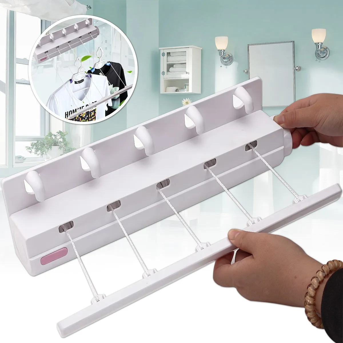 

5 Line 3.75m Retractable Airer & Hangers Washing Laundry Bracket Wall Indoor