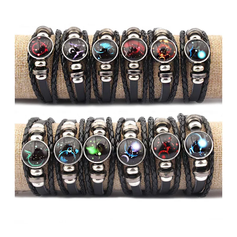

2pcs 12 Constellations Bracelet Fashion Jewelry Leather Bracelet for women Men Casual Personality Zodiac Signs Punk Bracelet